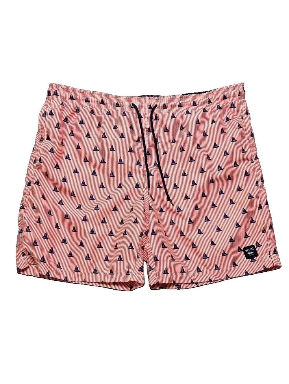 Spicy Tuna Mens Sailboat Print Swim Trunks Red White Striped XL Lined Beach